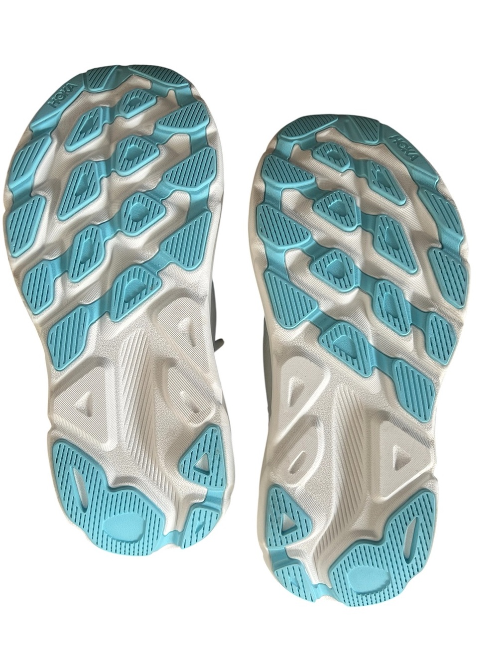 HOKA Women's Clifton 9 in the Frost / Rose Gold colorway, white mesh, sky blue. - Picture 2 of 8
